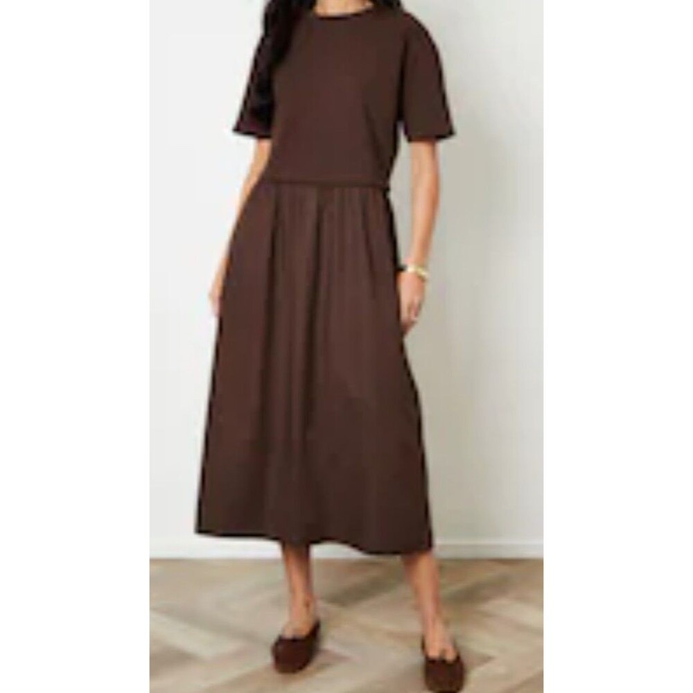 Zara Knit Contrast Brown Poplin Skirt Cotton Midi Dress Size Medium
